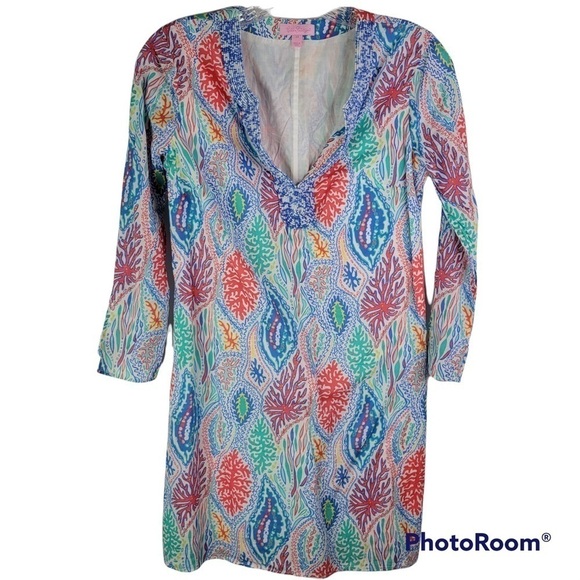 Lilly Pulitzer Courtney Tunic Dress Let Minnow Print Beaded Women’s XS - Picture 2 of 8